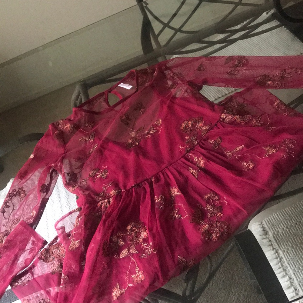 Cranberry Colored Dress with Embroidered Flowers